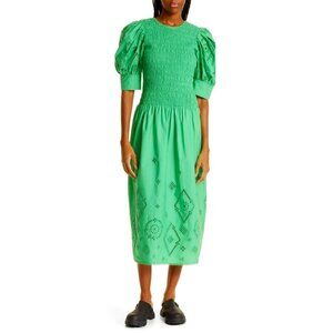 GANNI Broderie Anglaise 100% Cotton Puff Sleeve Eyelet Kelly Green Midi Dress
